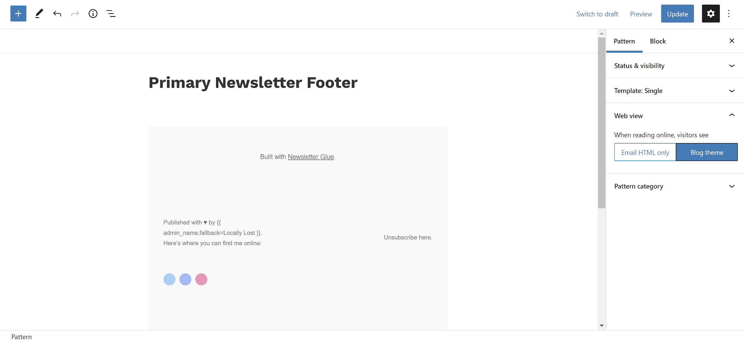 Newsletter block pattern in the WordPress editor.