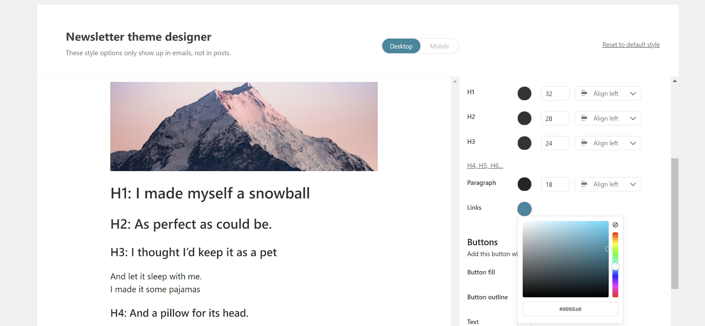 Newsletter theme design screen from the Newsletter Glue plugin.