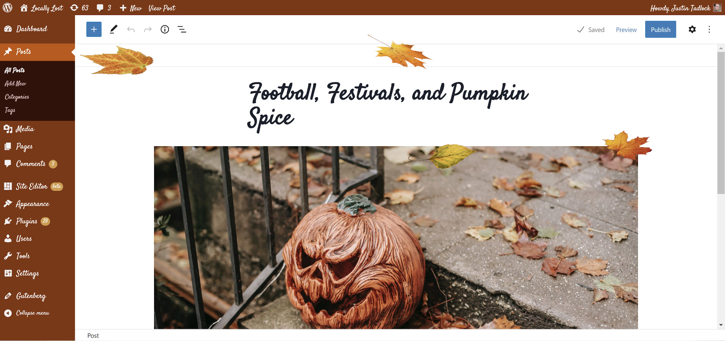 Pumpkin Spice Admin plugin showcased with falling leaves in the WordPress post editor.