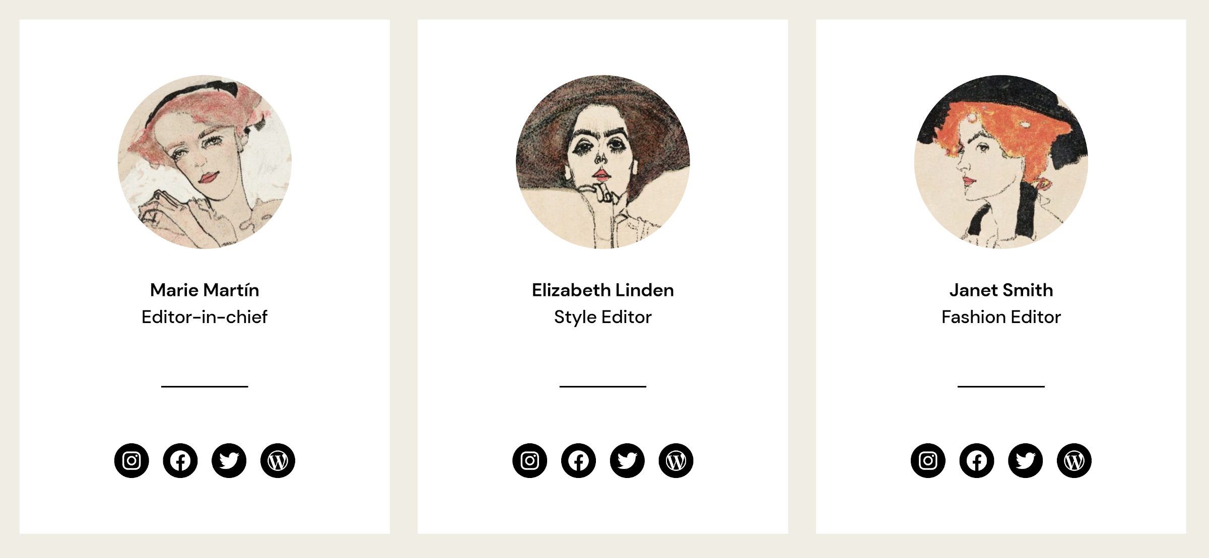 Three-columned team social cards layout pattern.