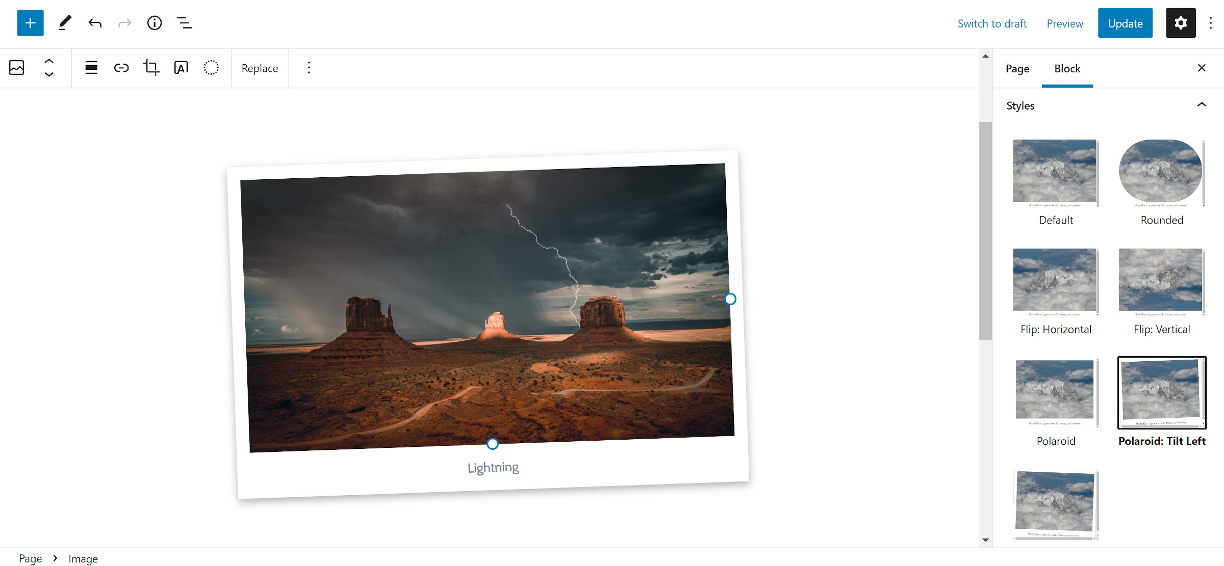 Block style for the WordPress Image block. Selected is a Polaroid-style frame design that is tilted to the left.