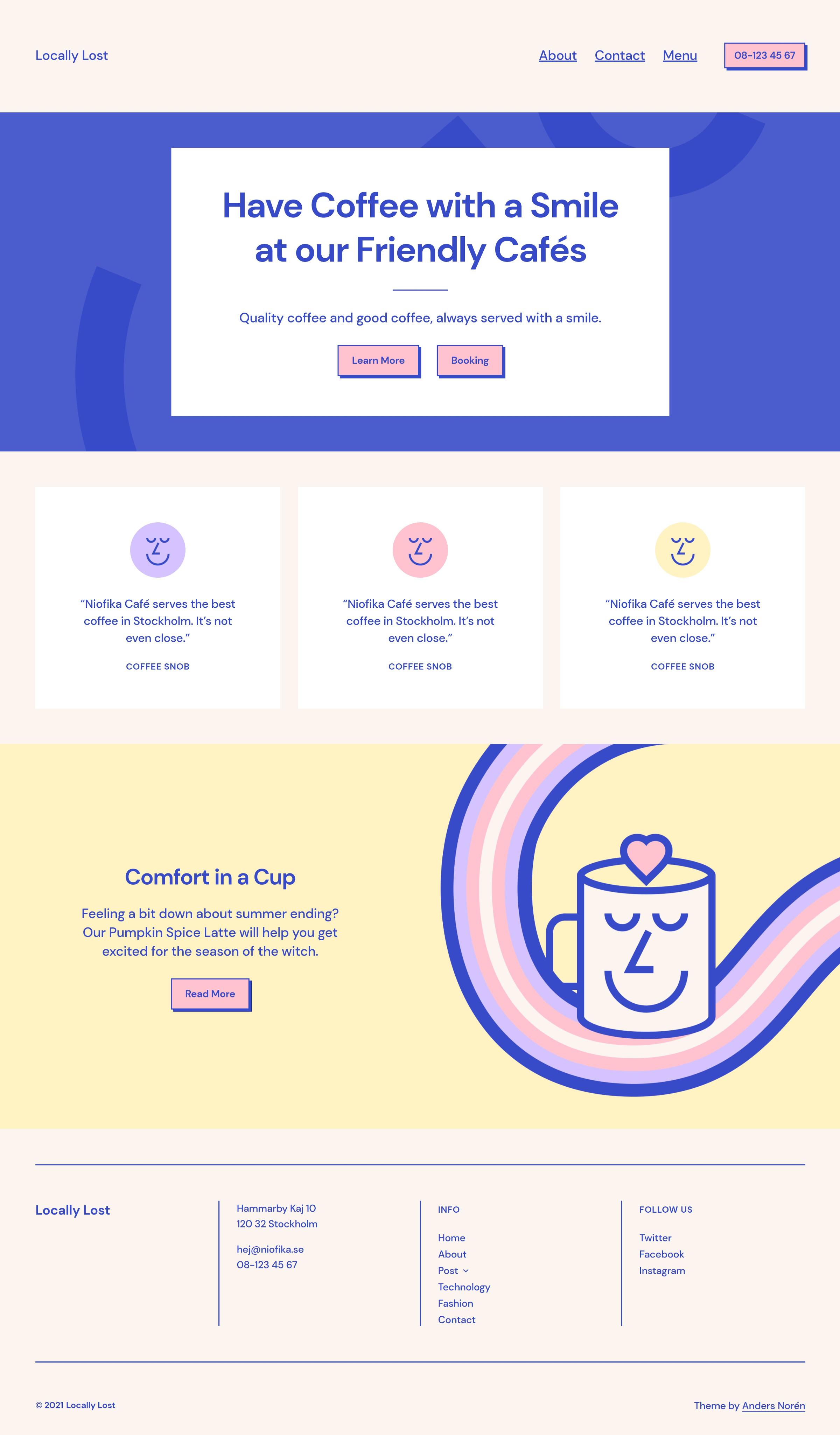 Custom-built homepage using the Tove WordPress theme for a cafe/restaurant with various sections