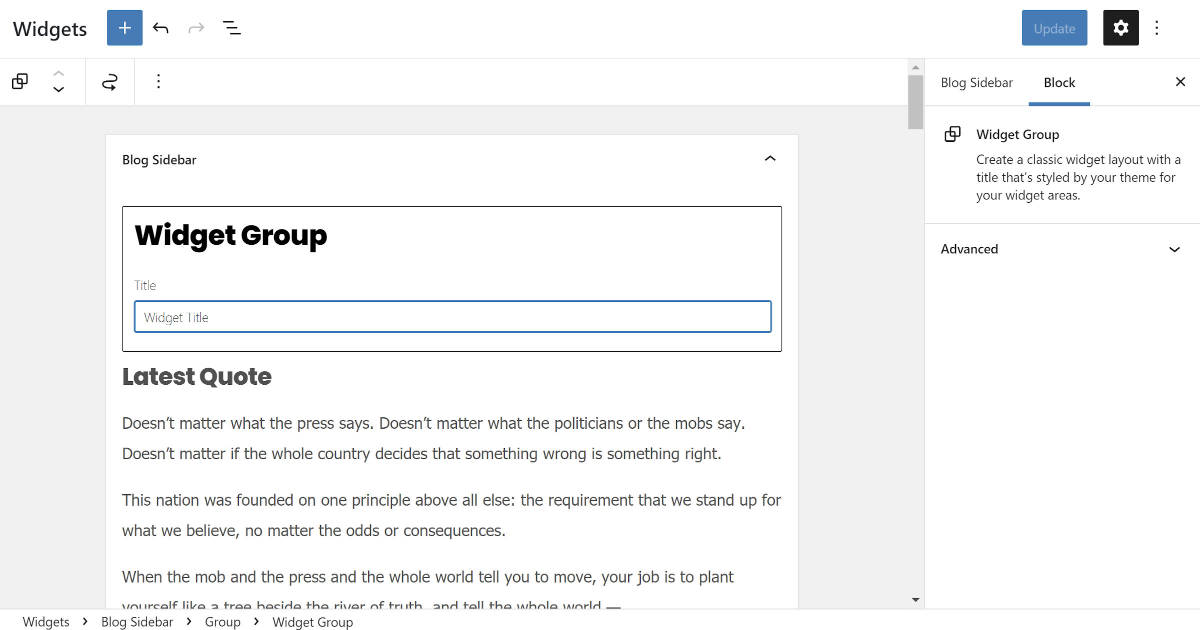 Widgets screen in the WordPress admin with the new Widget Group block shown.