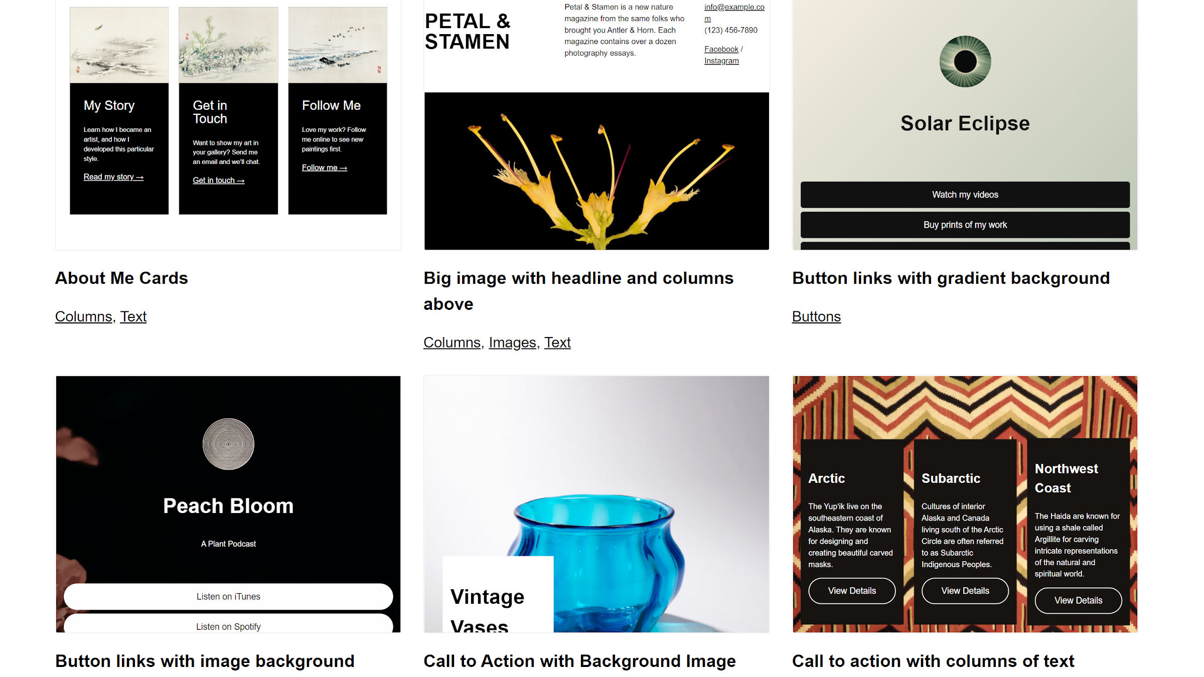 A screenshot of 6 block patterns from the WP Block Patterns homepage.