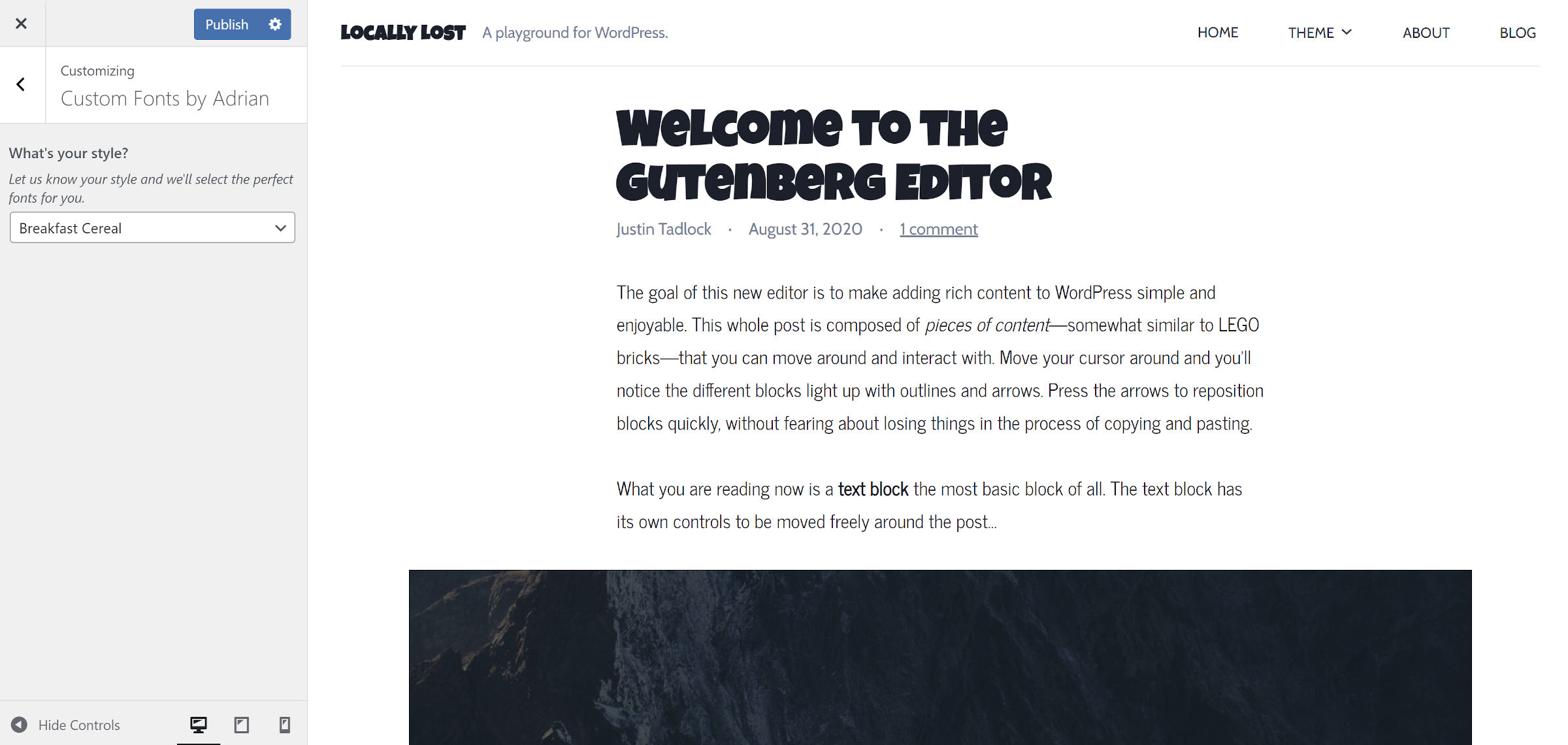 Bold headings with sans-serif font pairing in the WordPress theme customizer.
