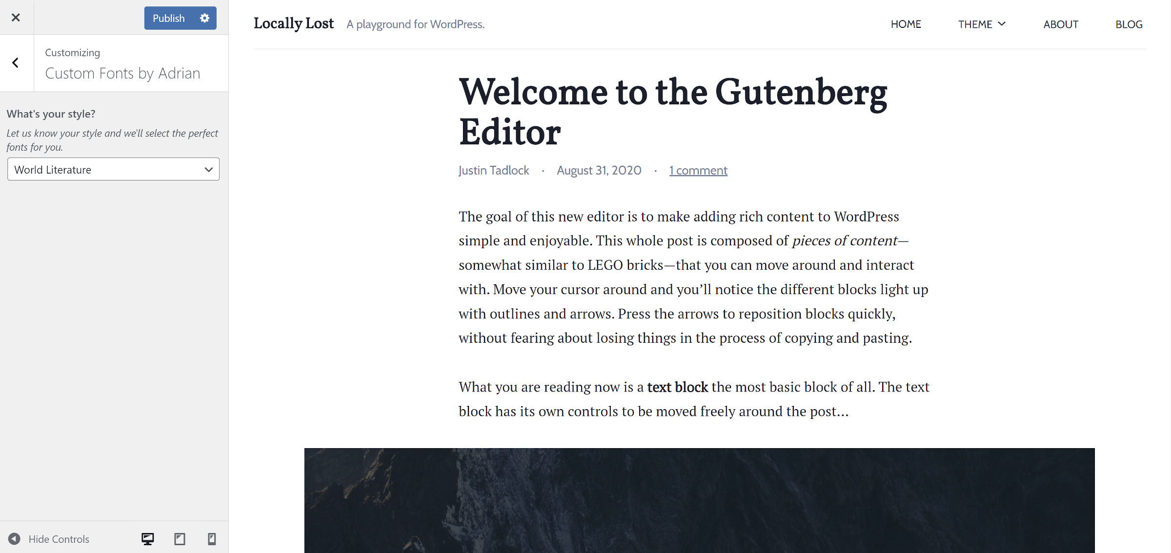 Serif-style font pairing in the WordPress theme customizer.
