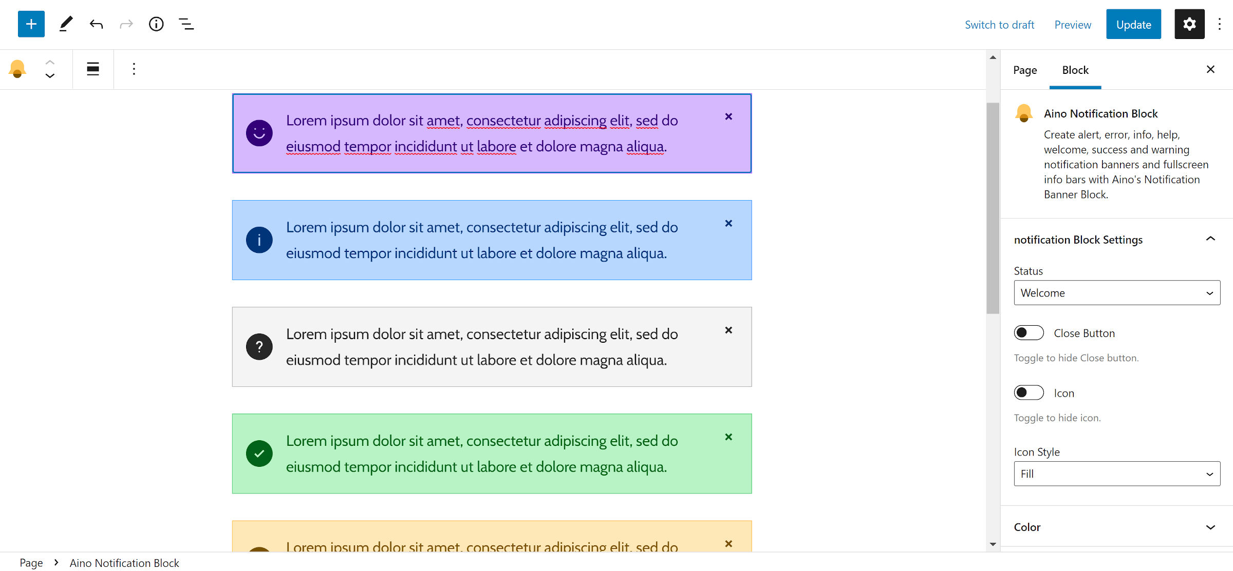 Displaying multiple notification box styles from the Aino Notification Banner plugin: welcome, info, help, info, and warning.