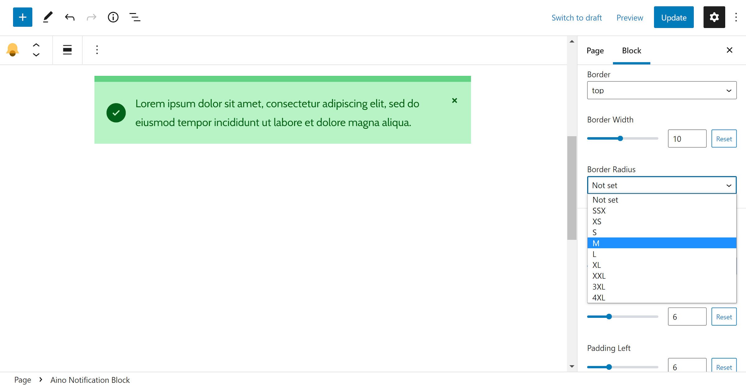 Showcasing the custom border and padding controls from the Aino Notification Banner plugin, which deviates from the WordPress standard.