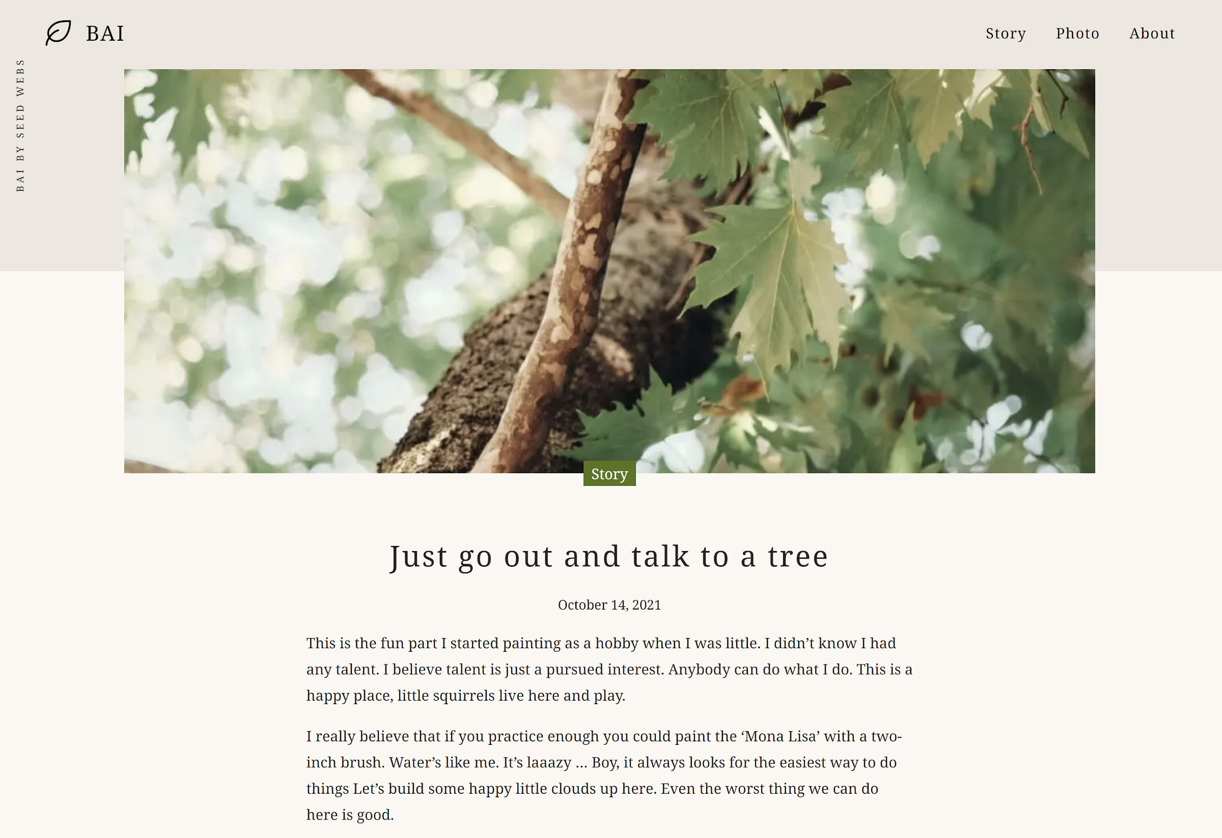 Single blog post with a featured image followed by example post text. The design features a light brown background.