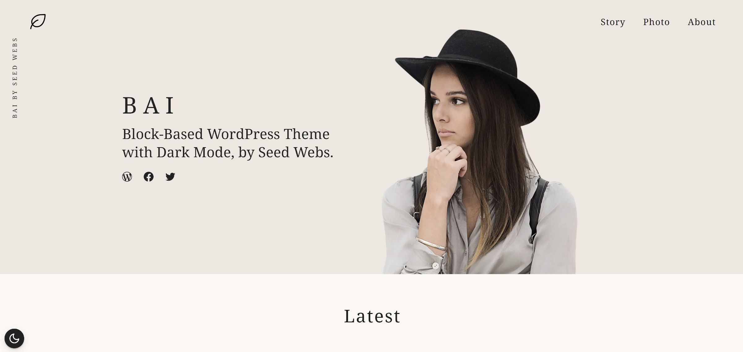 A WordPress theme homepage with a large hero section and an image of a woman in a hat on the right.