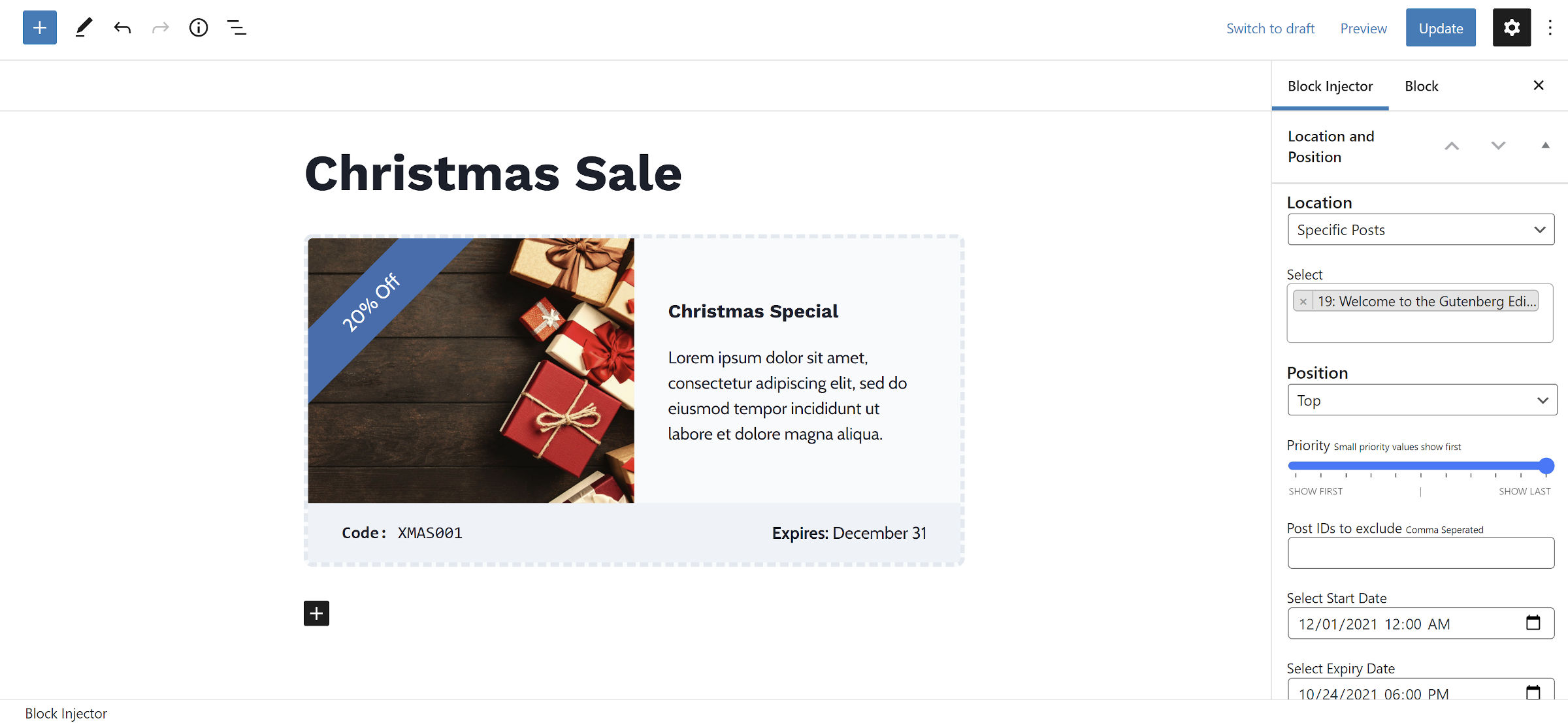 Editor view of the Block Injector plugin and custom-defined rulesets of where the content should appear.