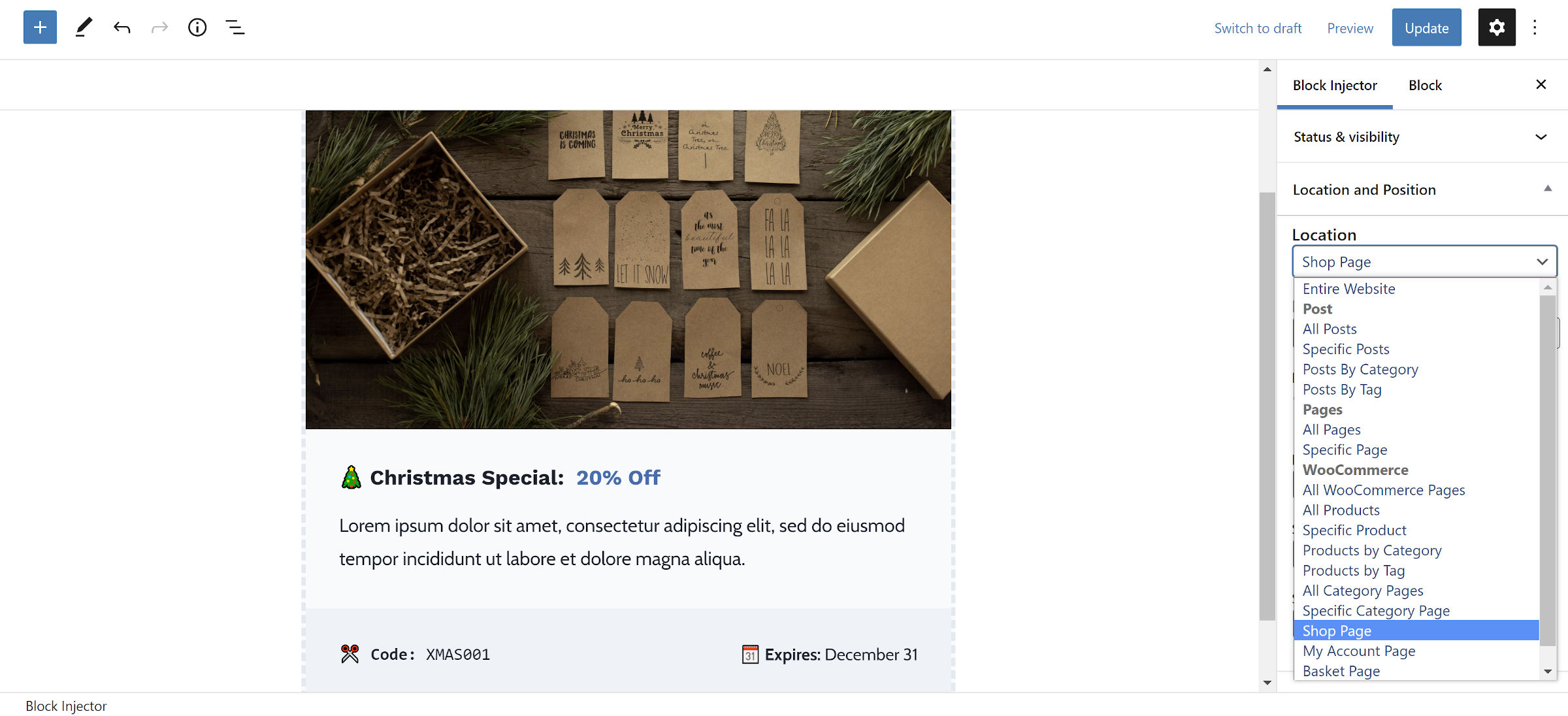 Editor view of defining where to show a Block Injector post on a WooCommerce shop page.