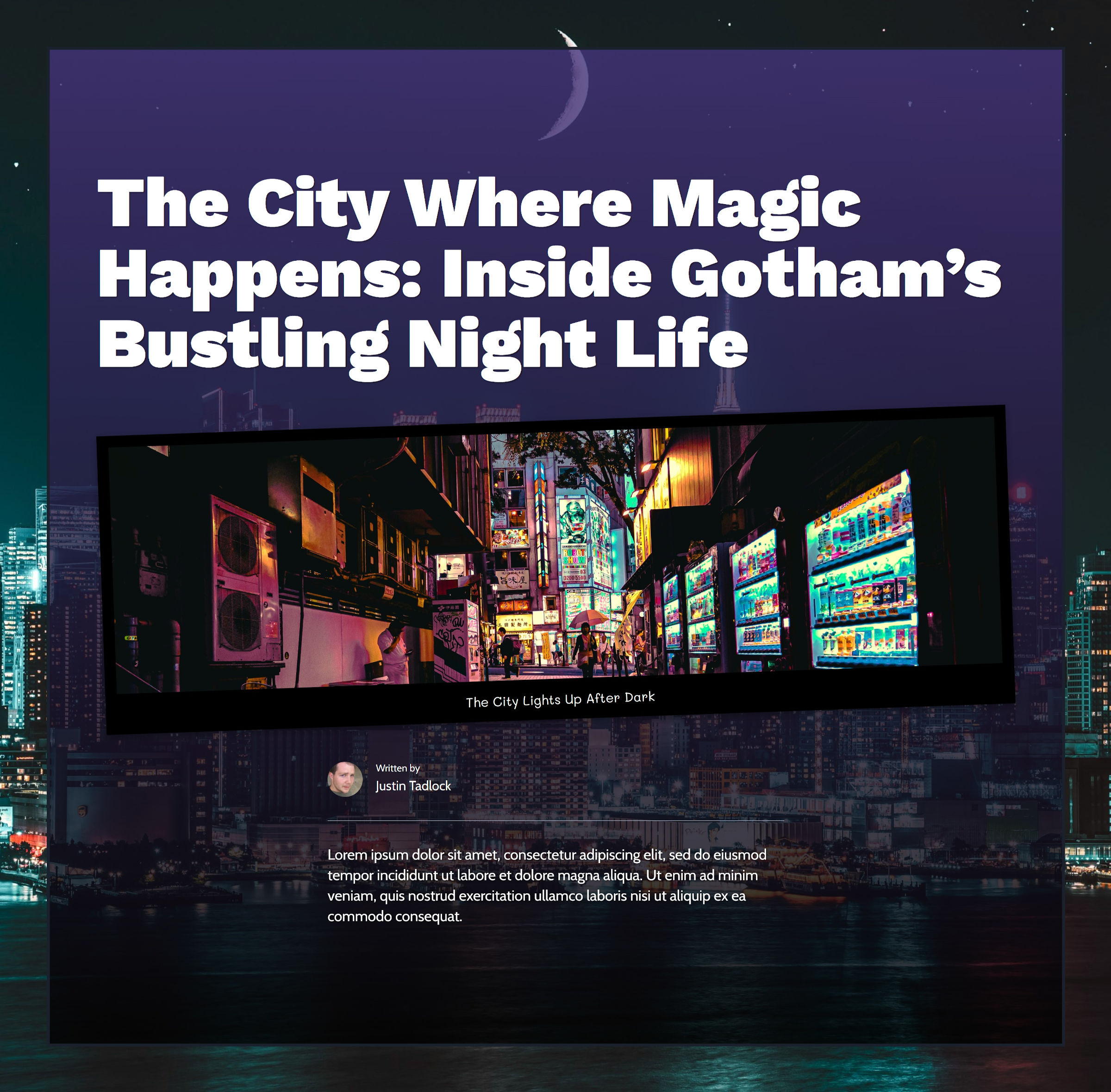 Demo news article with a city in the background and a transparent purple section above it.