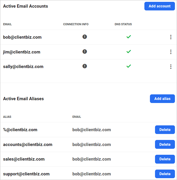 Email accounts and aliases.