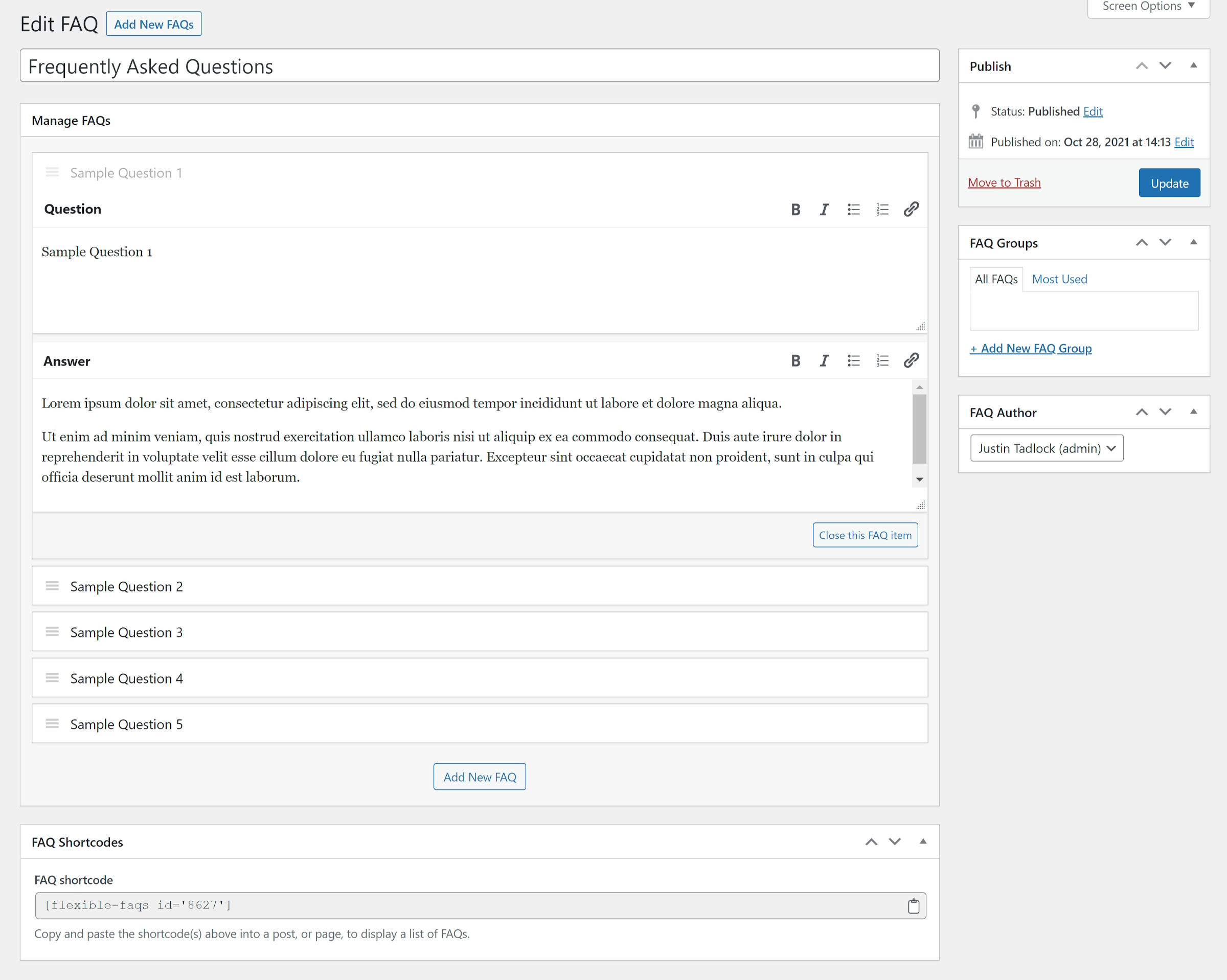 The edit FAQ screen in the WordPress admin, which uses the classic editor to add meta boxes.