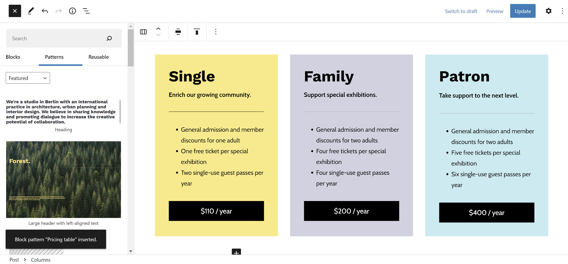 Block editor with the pattern inserter open and a product pricing pattern in the content canvas.
