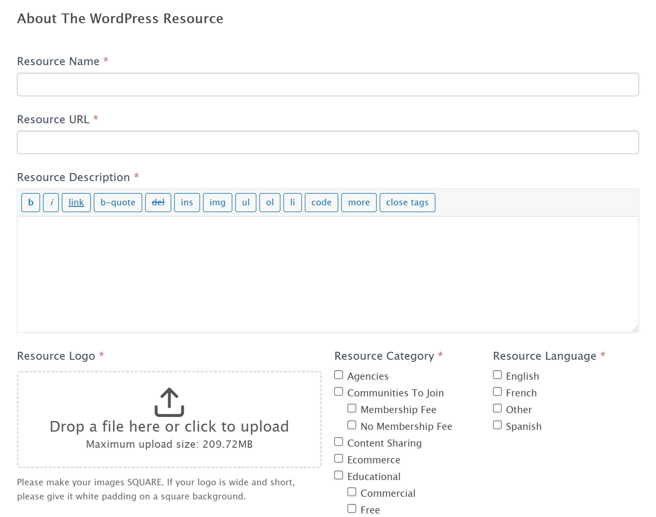 Clip of the Find It WP resource submission form where users can enter information and upload an image.