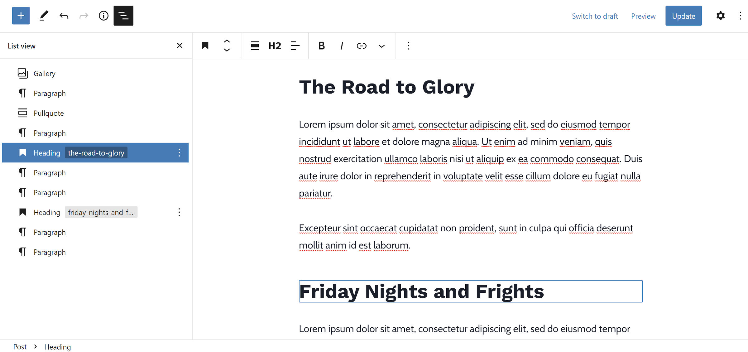 Block editor with the list view open. It shows the generated anchor tags for Heading blocks.