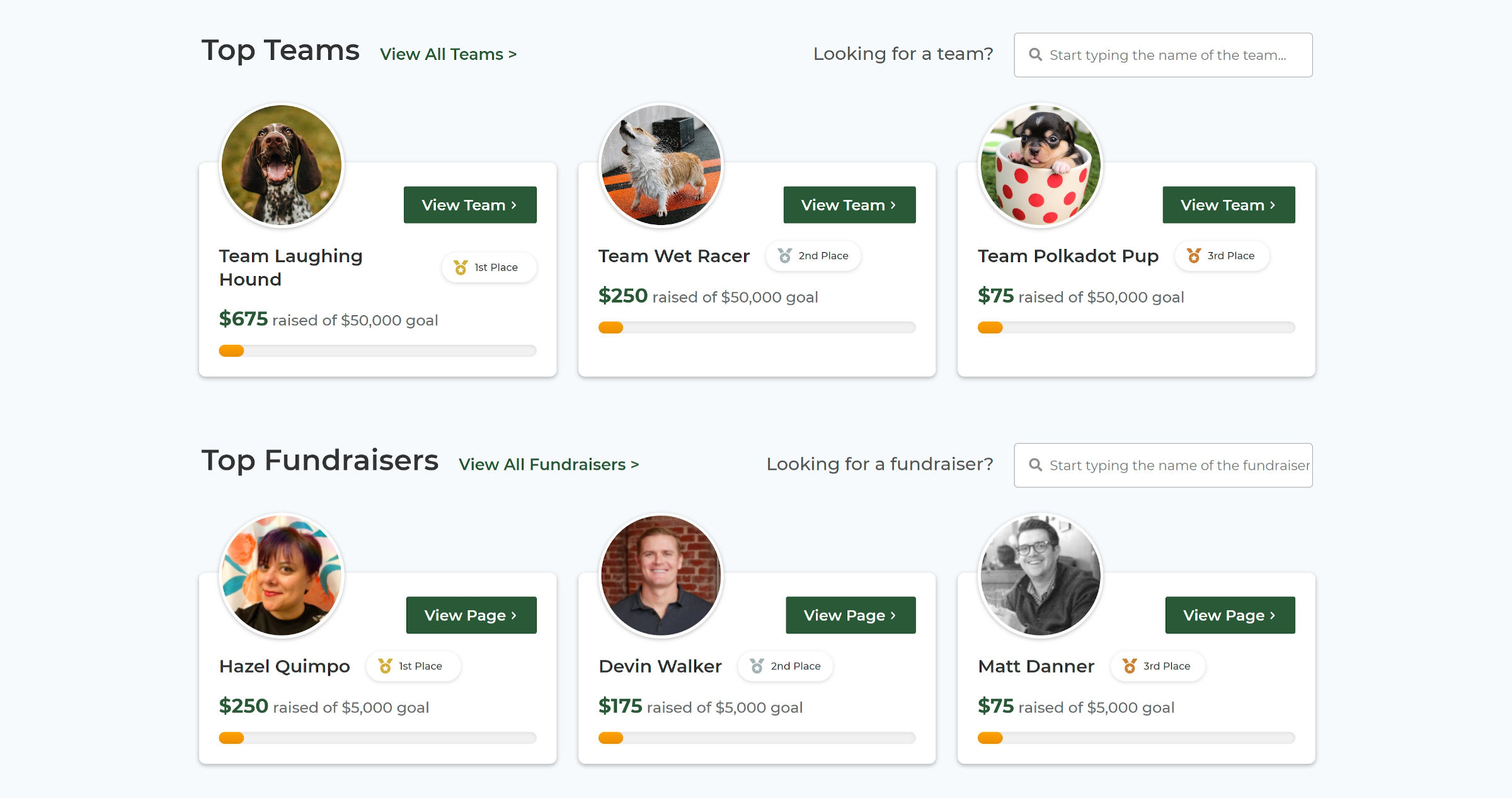Screenshot of a donation campaign that shows the top teams and individual fundraisers.