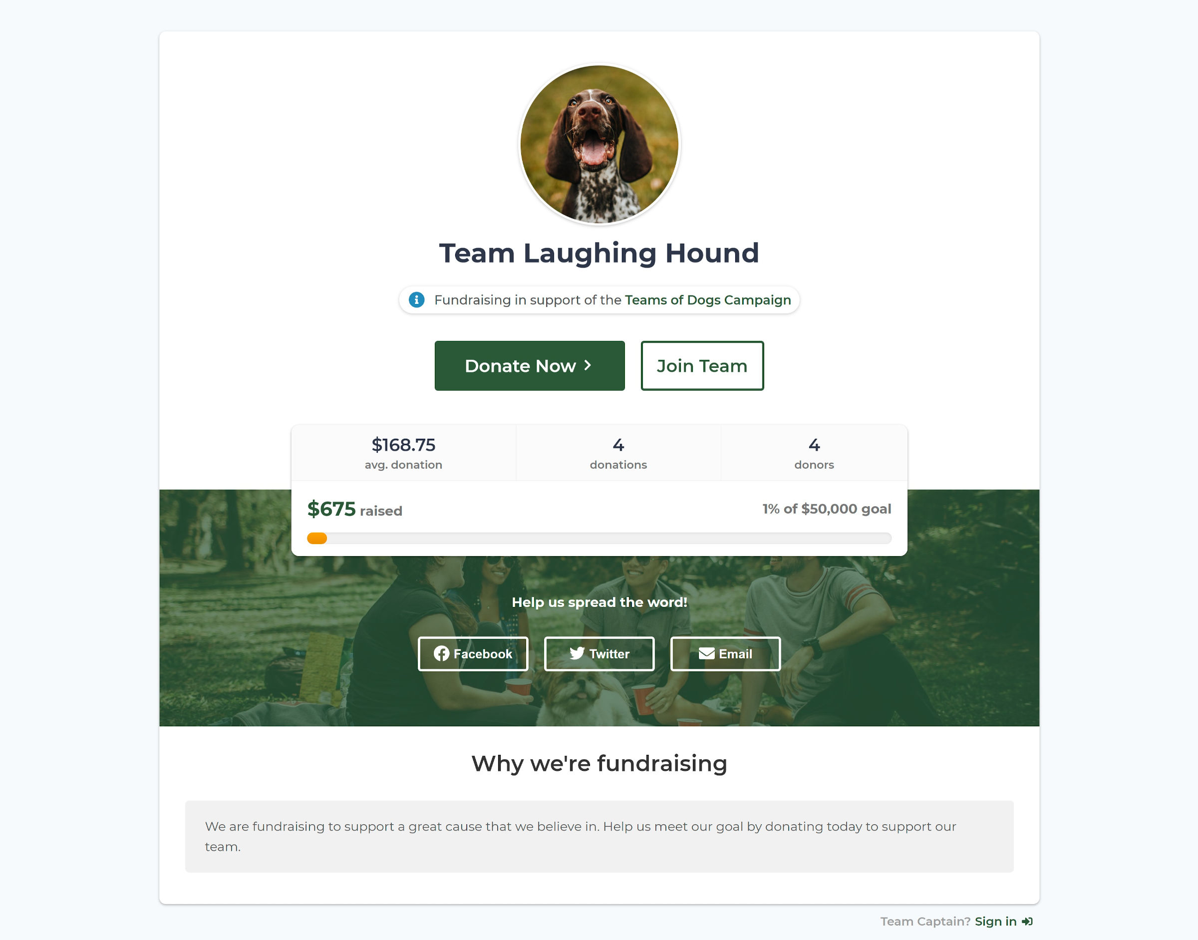 A custom team page for a fundraising campaign, showing how much the team has raised, number of donations, and number of donors.