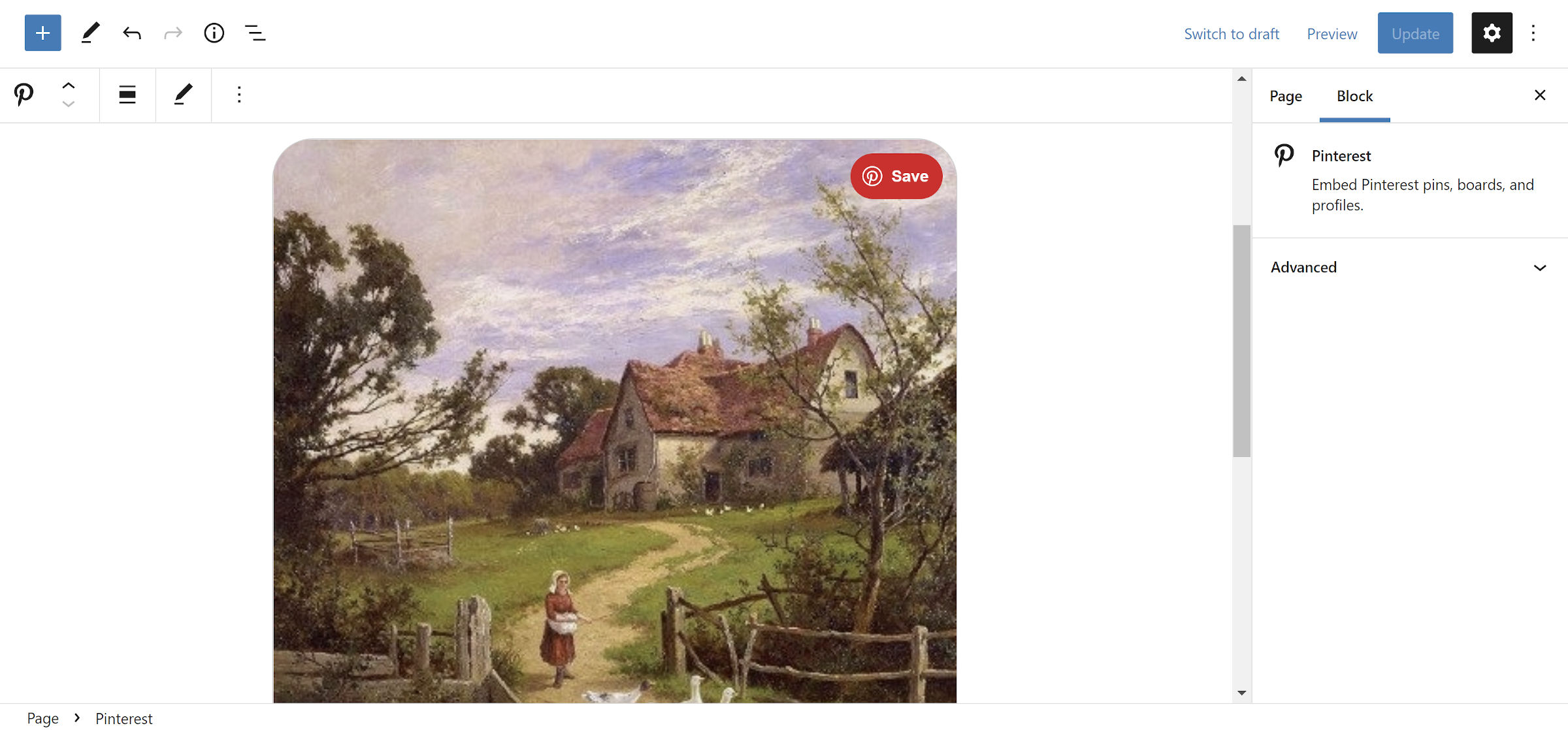 Block editor showcasing an embedded pin from the Pinterest service.