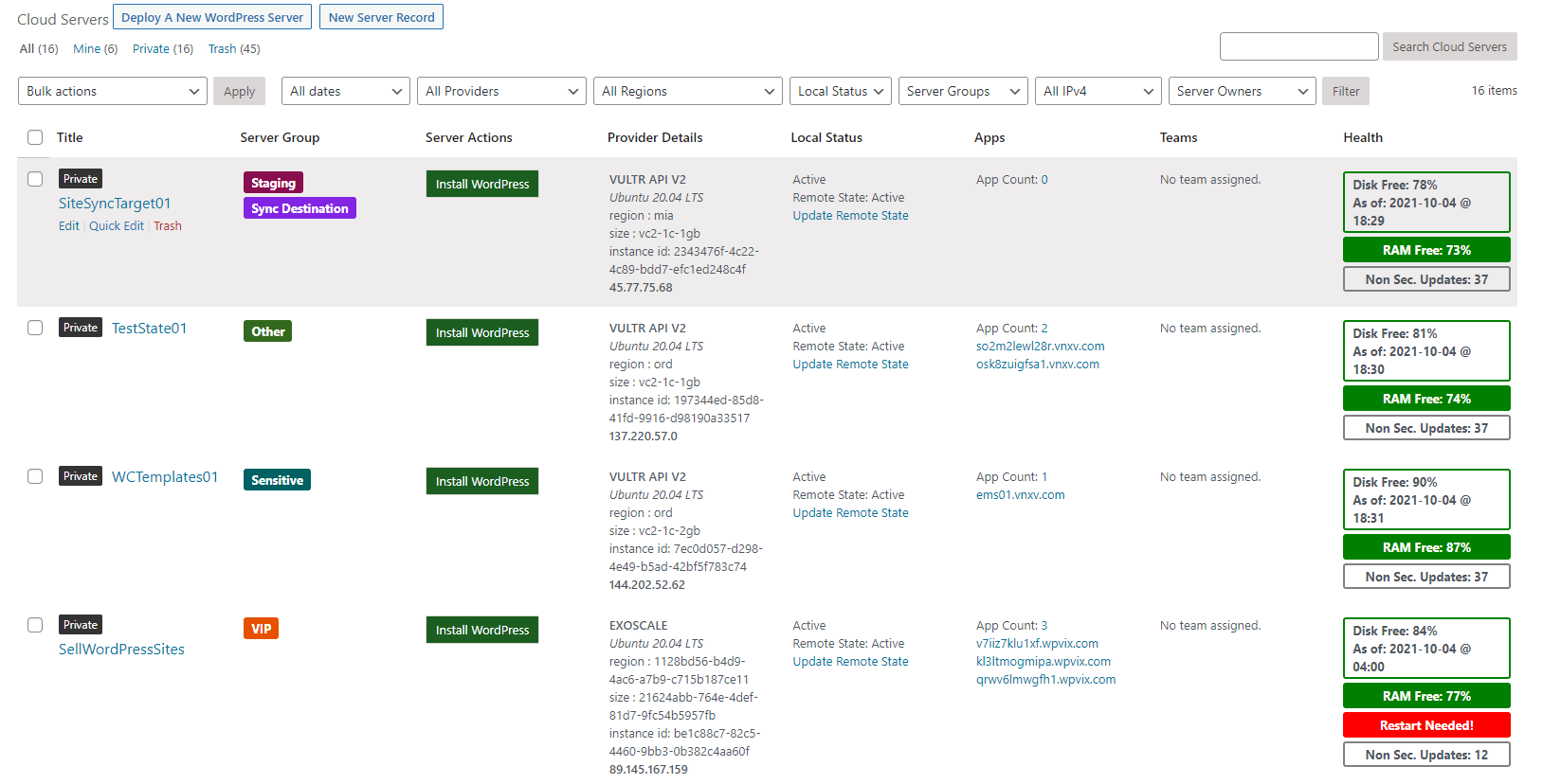 List of servers through the WPCloudDeploy plugin in the WordPress admin.