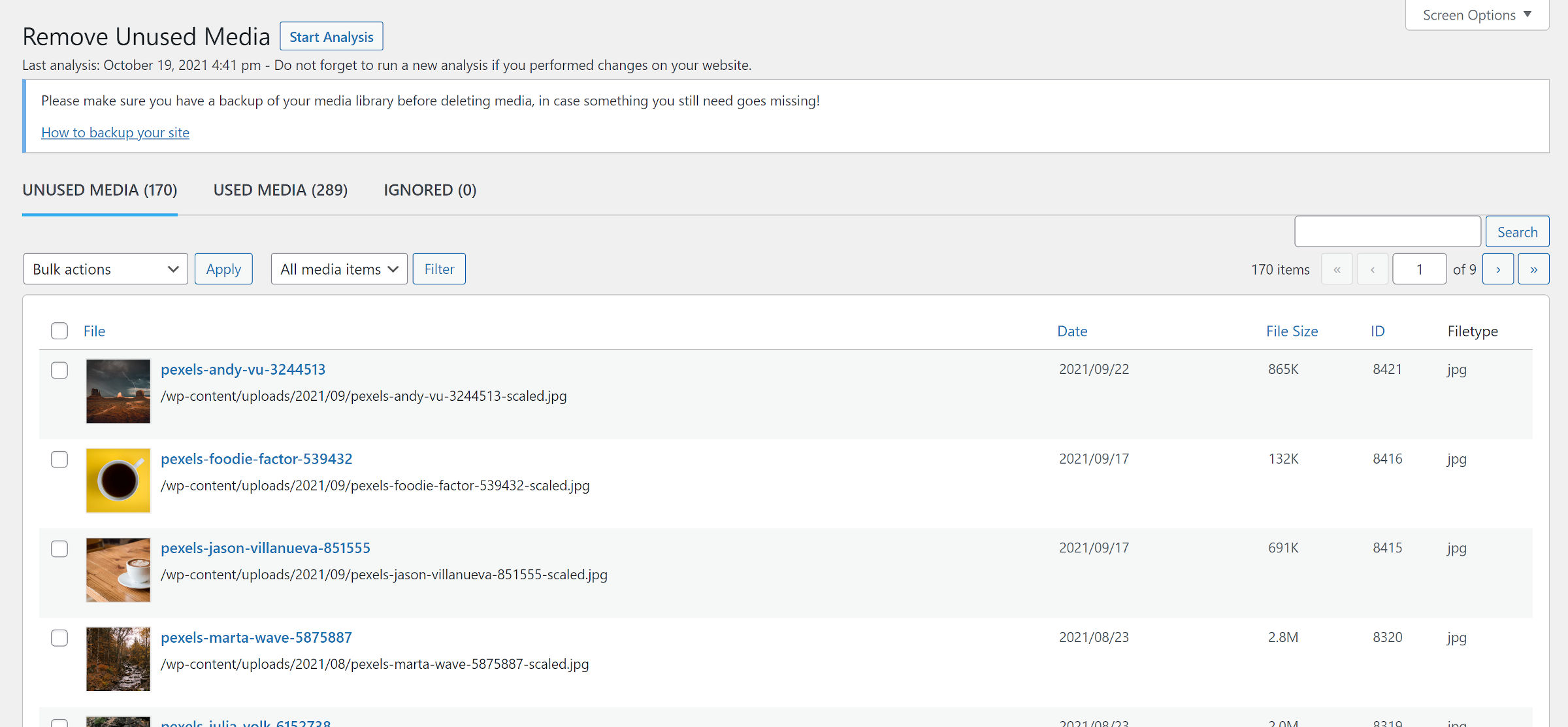 Screen that shows media that the plugin detects as unused. Attachments presented in a list table.
