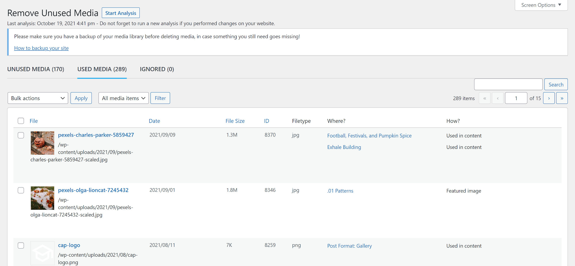 Screen from the Remove Unused Media plugin that shows media where and how it is used across the site.