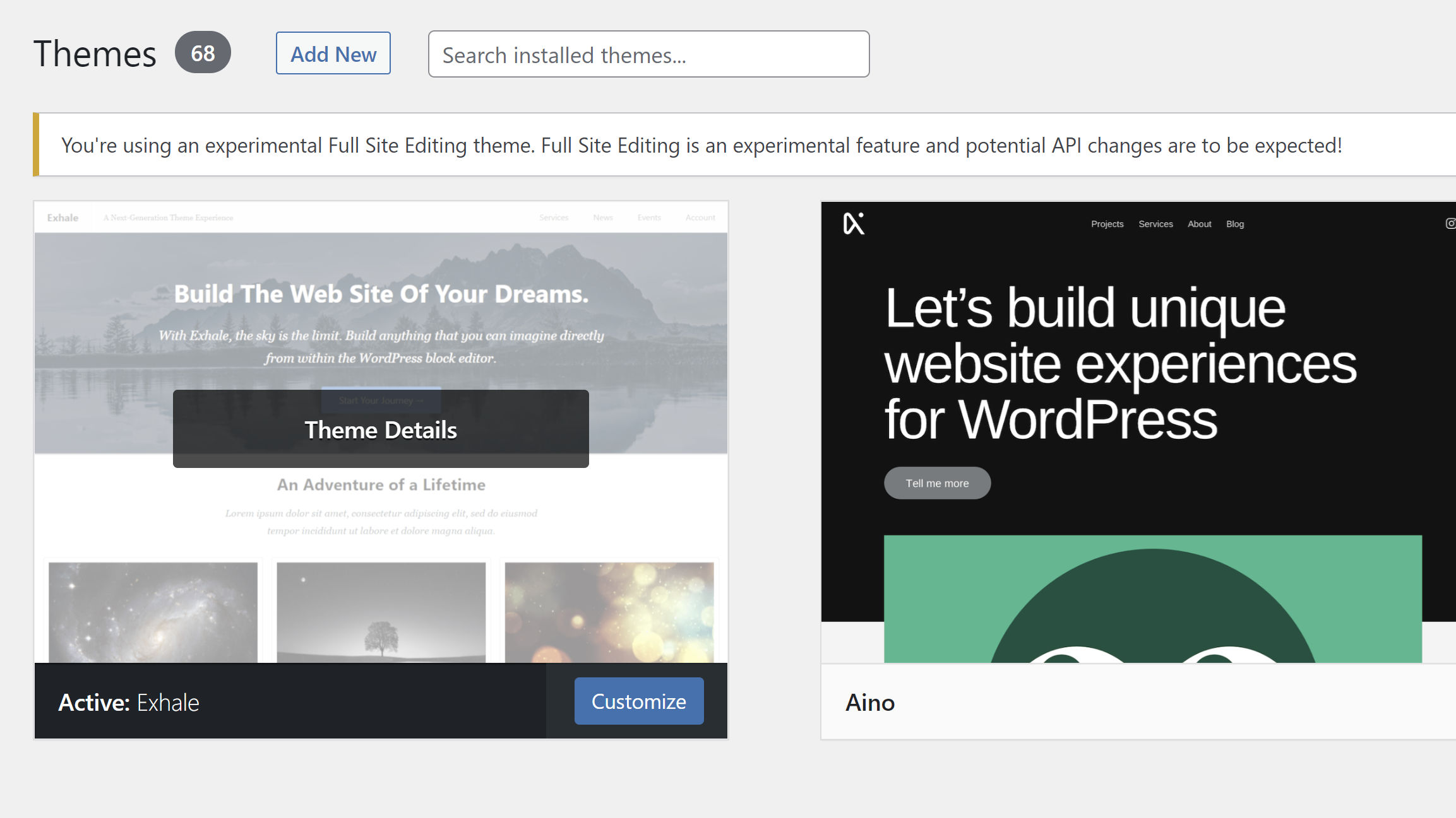 Themes screen when using a block theme, highlighting the still-available Customize button.