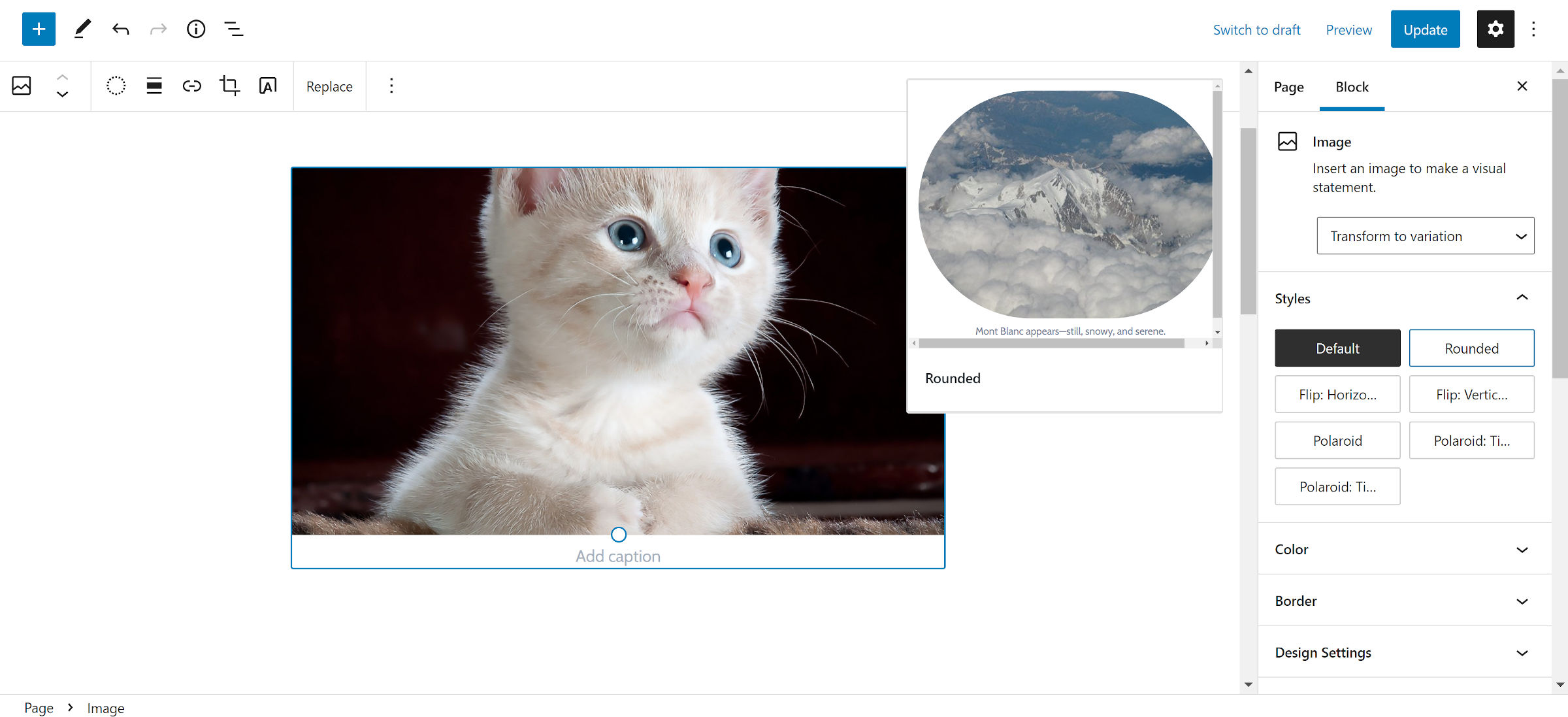 WordPress editor focused on an image block. In the sidebar, the mouse is hovering the "rounded" block style and its preview is shown in a popup.