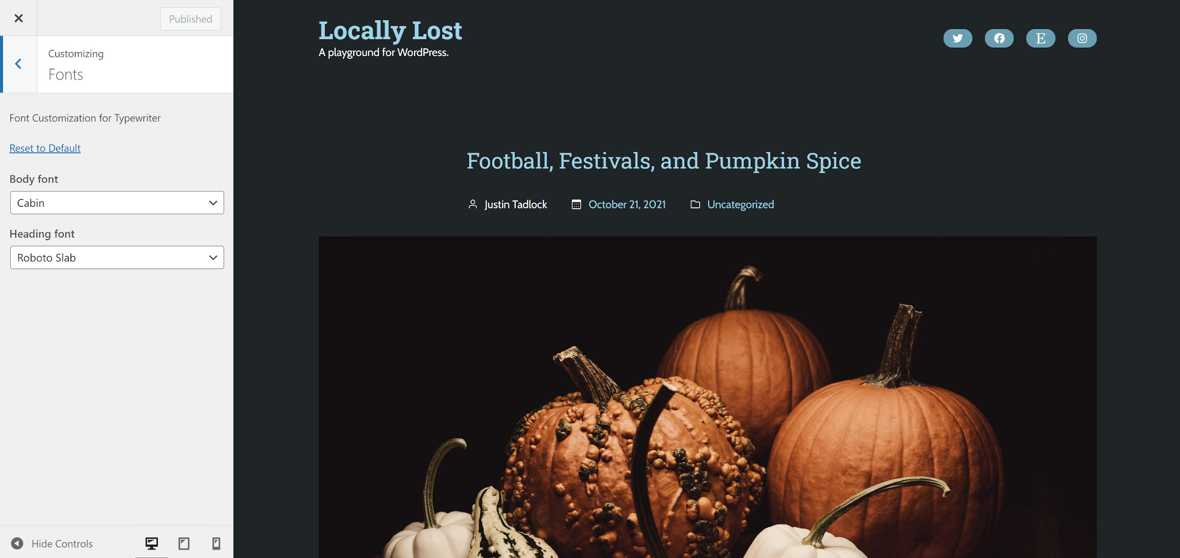 WordPress theme customizer with a fonts panel open on the left.