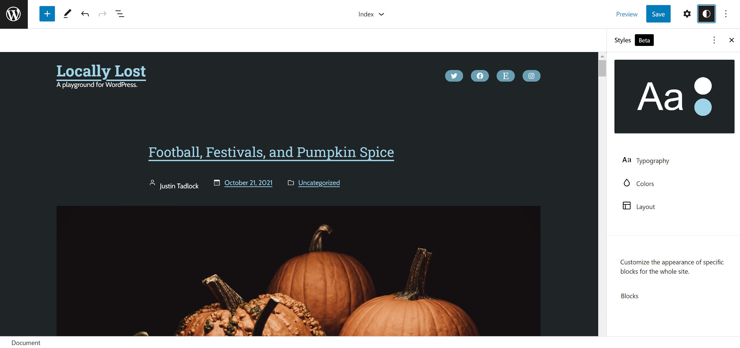WordPress site editor showing the index page of a site on the left and the global styles panel on the right.
