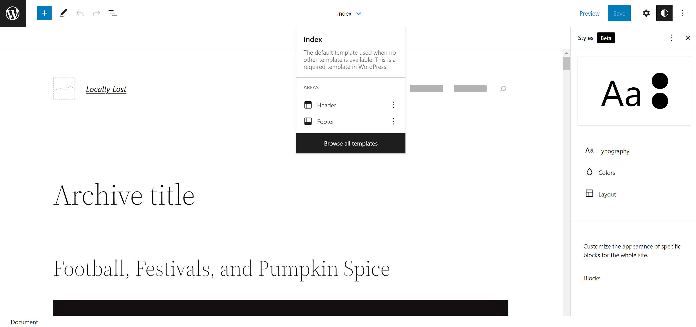 WordPress site editor. Template editing canvas on the left, global styles options on the right.