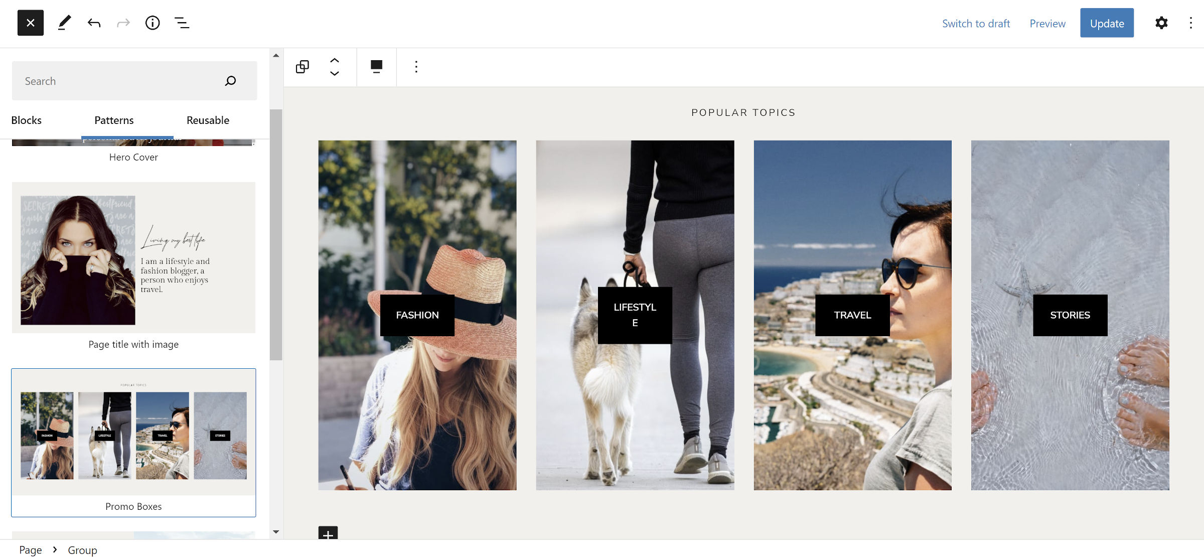 WordPress editor with the Patterns inserter open.  The content canvas has a four-column design with each column having a background image an a text box within.