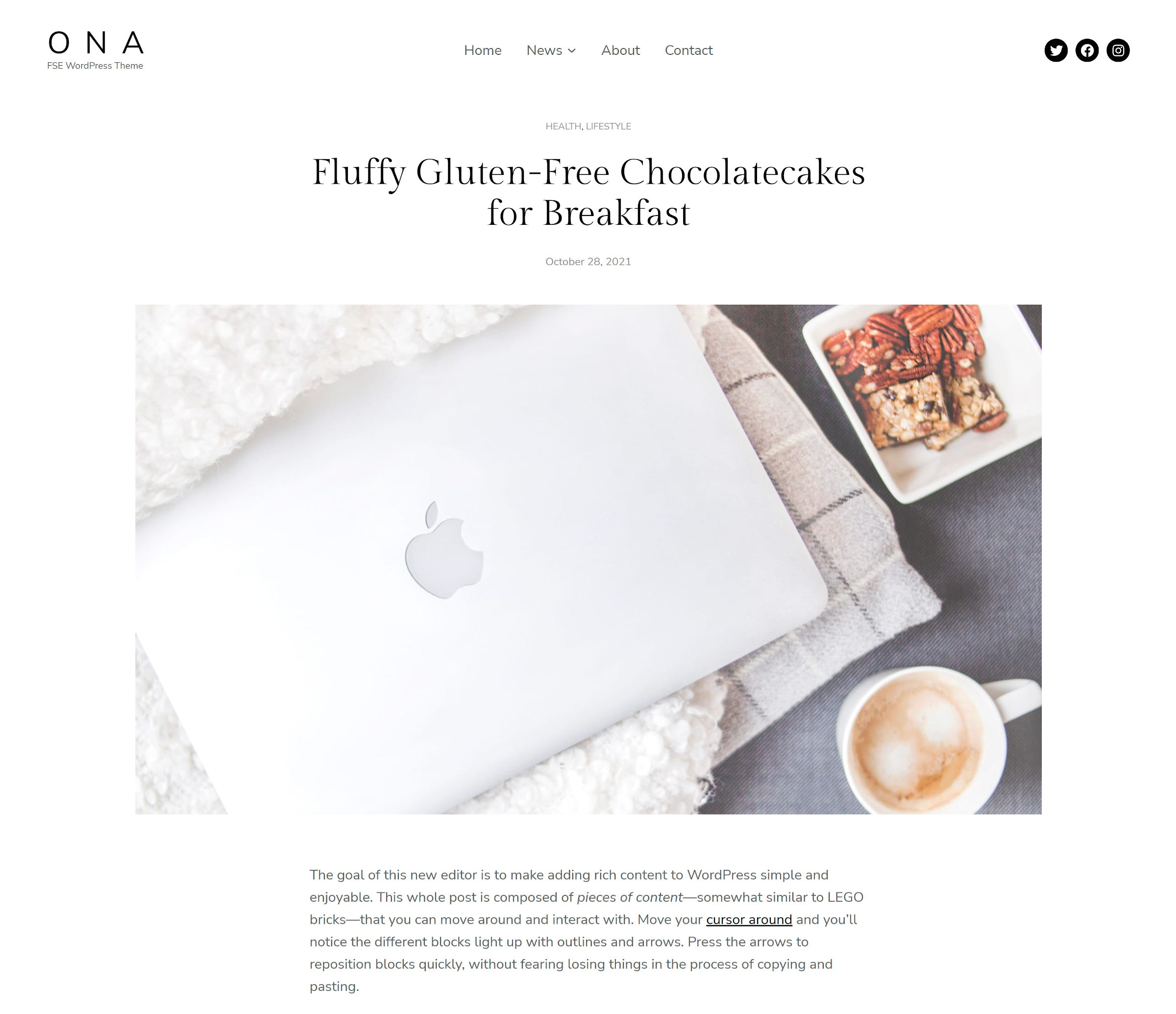 Single blog post view of a WordPress theme.  The content has a centered titled, followed by a wide-width image, and textual content.
