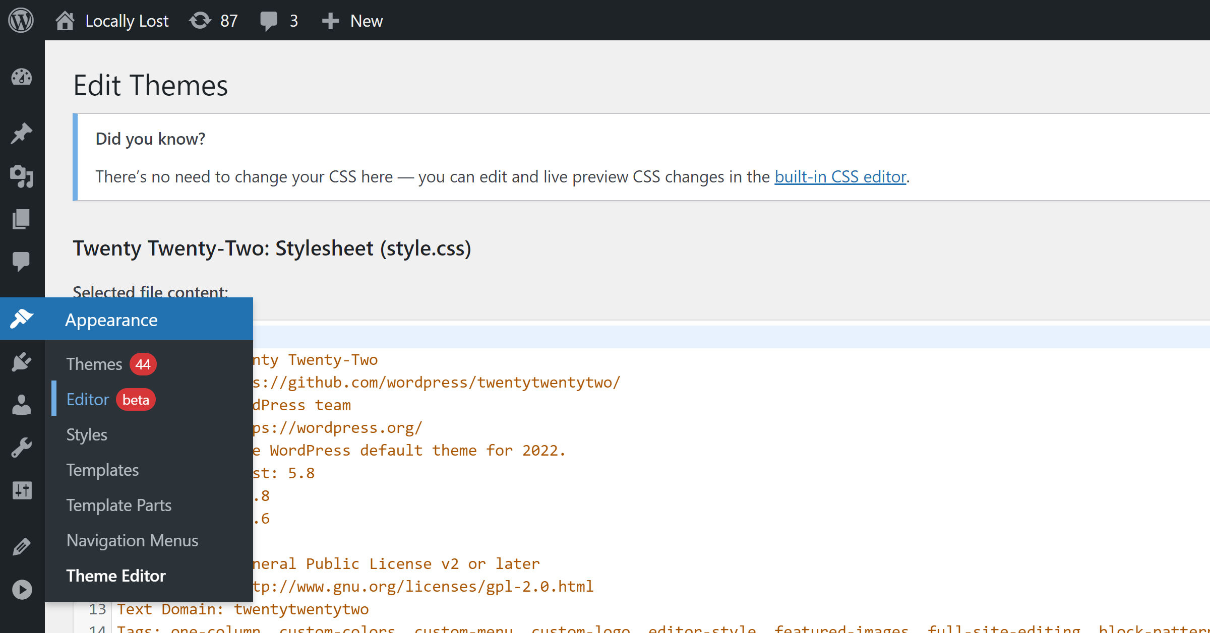 WordPress theme file editor, showing another "Editor" in the same submenu list.