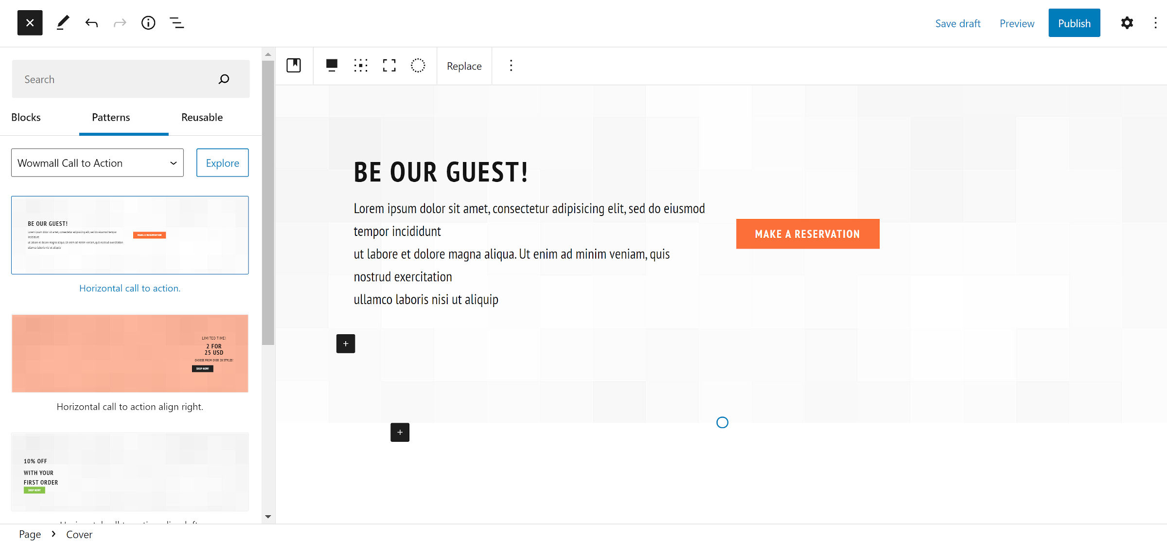 A call-to-action layout section with a header, followed by text on the left. On the right is a reservation button.