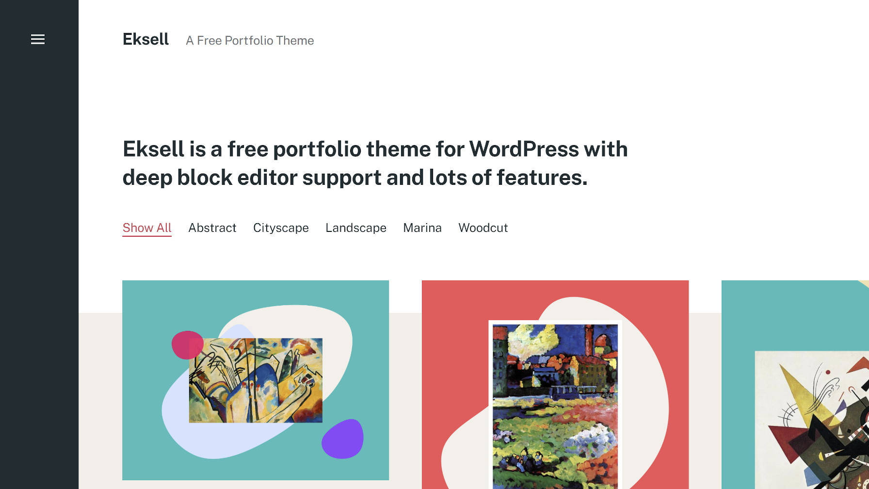 Homepage of the Eksell WordPress theme, showcasing a three-column portfolio grid with the site navigation/sidebar to the left and an intro and category nav above.