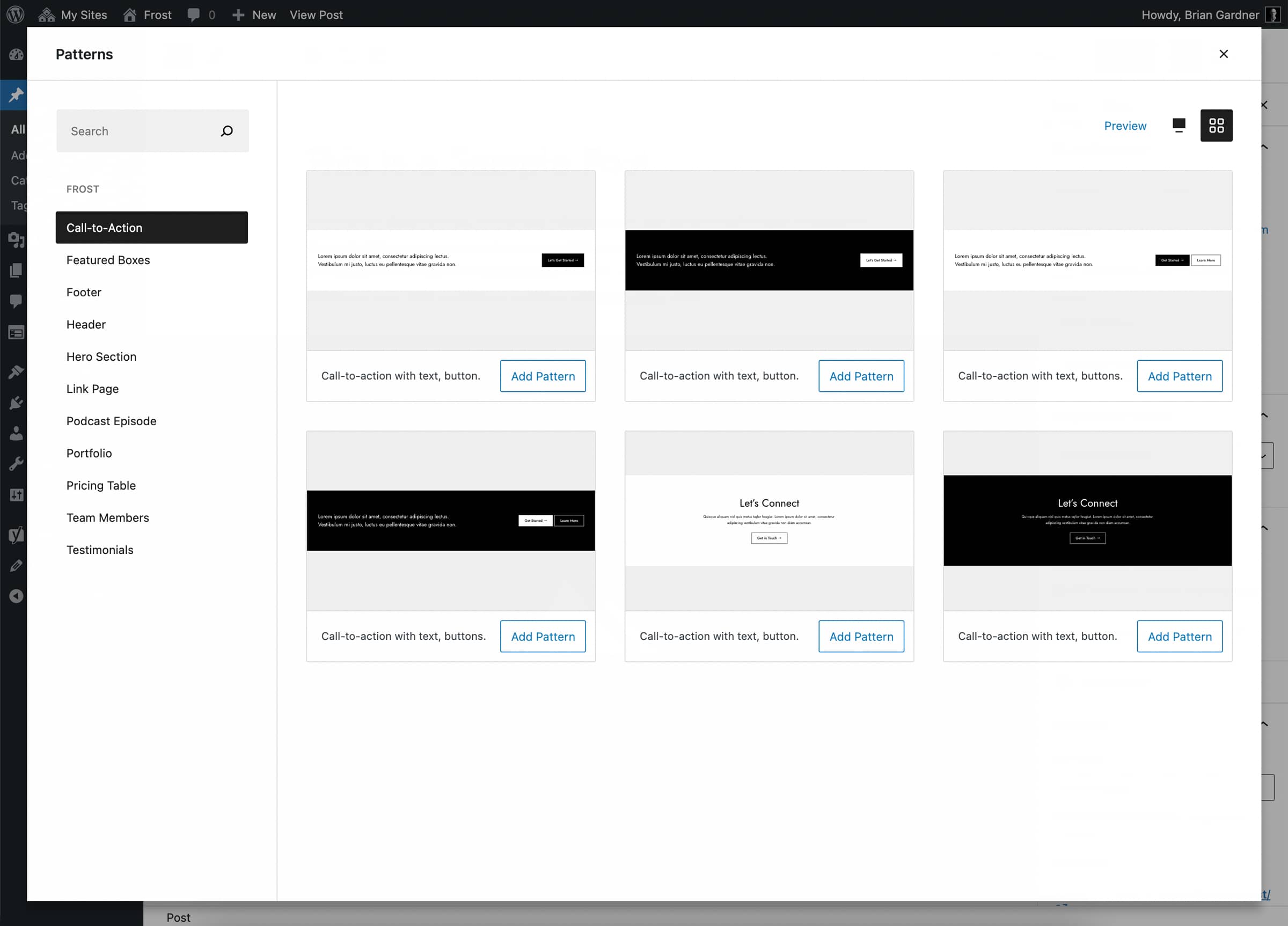 Overlay modal of block patterns in the WordPress editor. Updated version from the Block Patterns Explorer plugin that adds category types and an Add Pattern button.