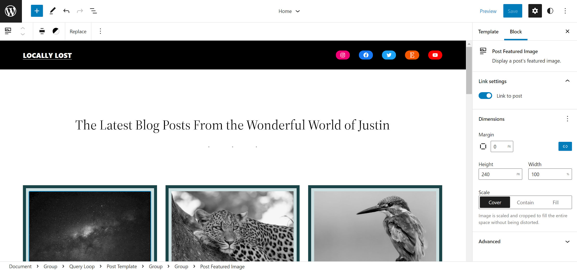 Homepage design in the WordPress site editor with an intro section between header and content.