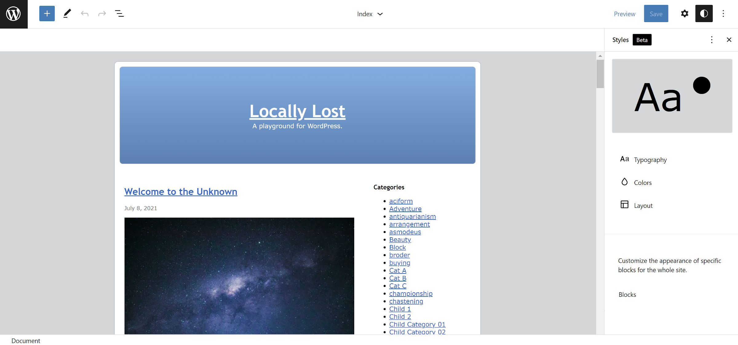 Kubrick WordPress theme in the site editor. It has a large gradient header in blue with the site title and tagline.