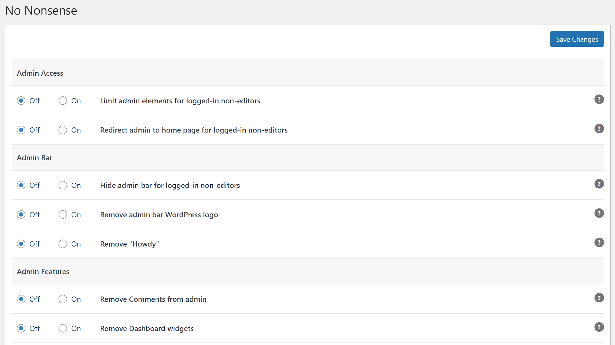 Screenshot of a WordPress admin settings screen for the No Nonsense plugin. It has a list of checkboxes for disabling various features.
