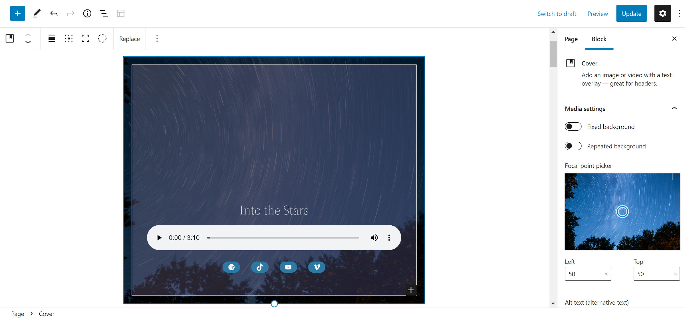 Audio block pattern with a cover background of the night sky. Social links are below the audio player.