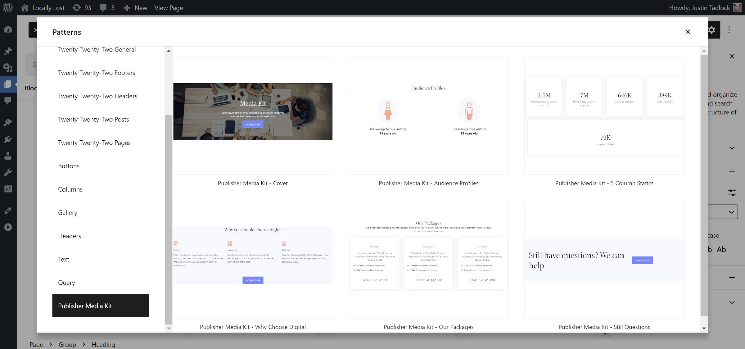 Three column grid of block patterns for the Publisher Media Kit plugin in the WordPress pattern explorer.