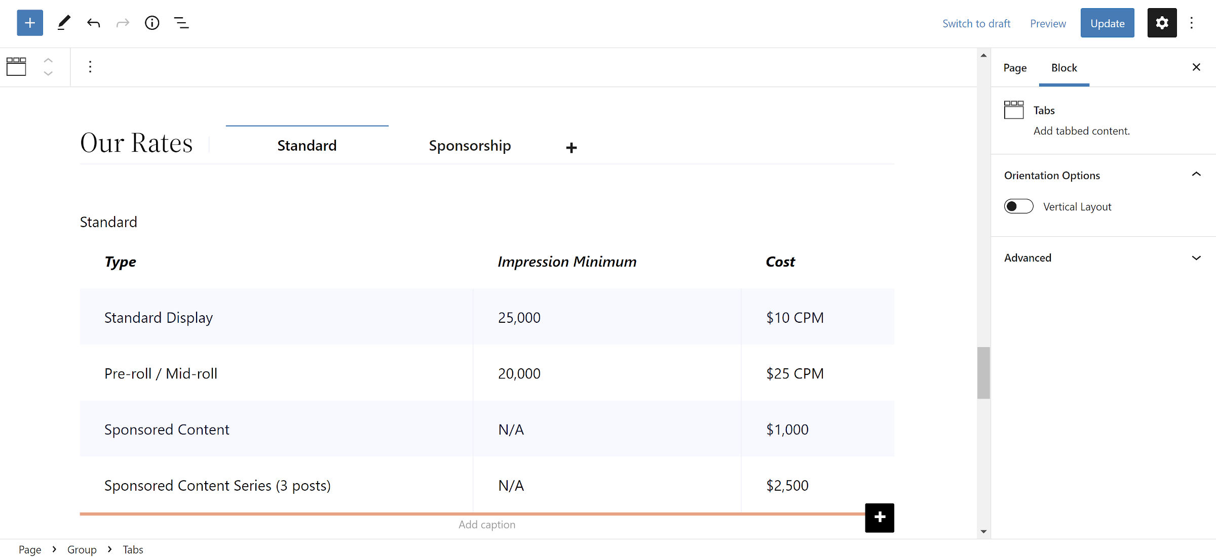 In the WordPress block editor, the Publisher Media Kit plugin's tabs block shows an ad rate table.