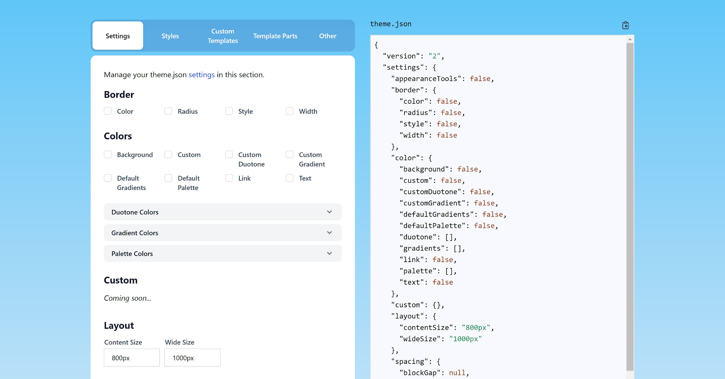 Screenshot of the Block Theme Generator app. Settings form sits on the left and a generated theme.json sits on the right.