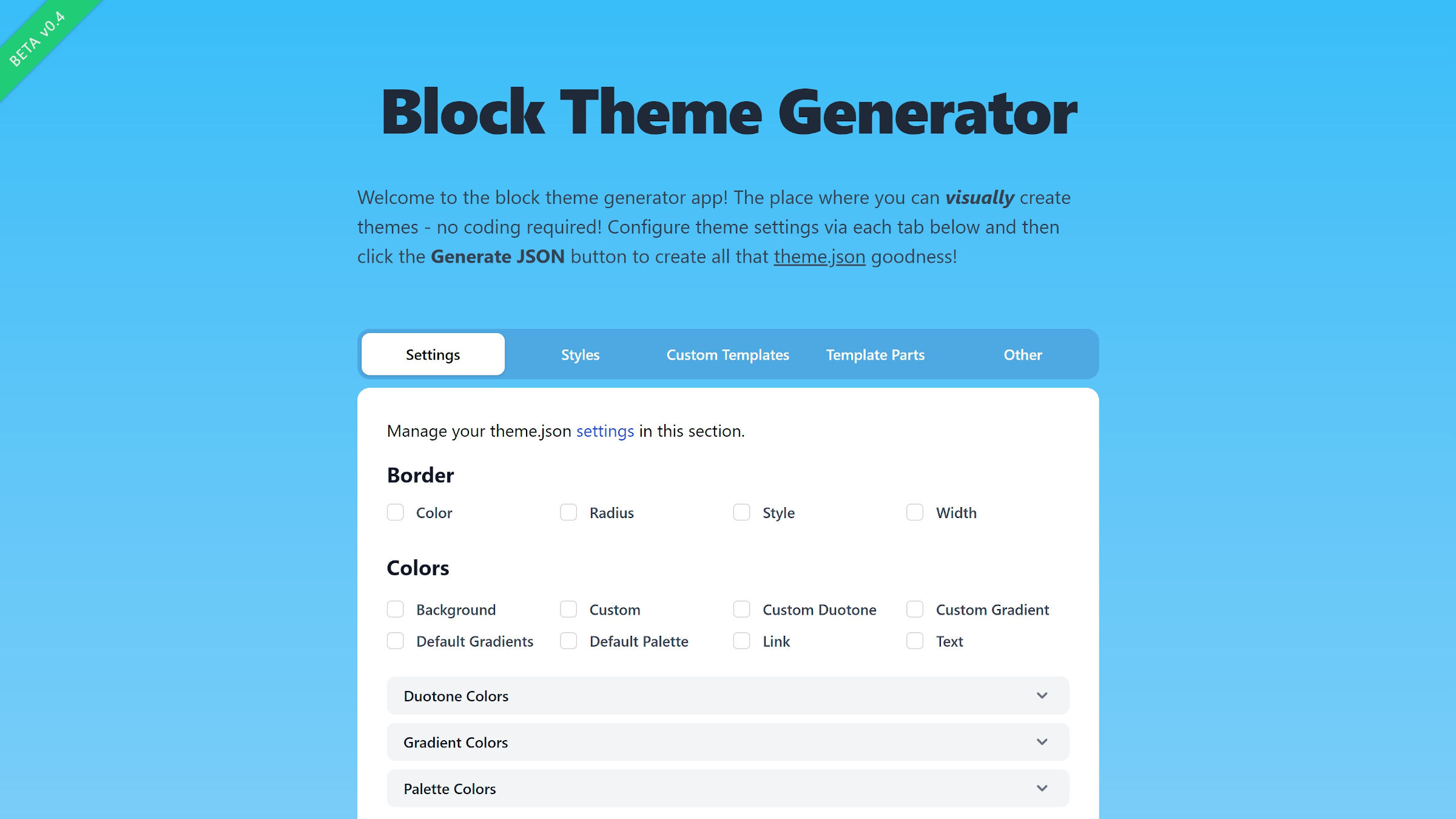 Screenshot of the top of the Block Theme Generator app page. It displays an intro section and a settings form for generating a theme.json file for block WordPress themes.
