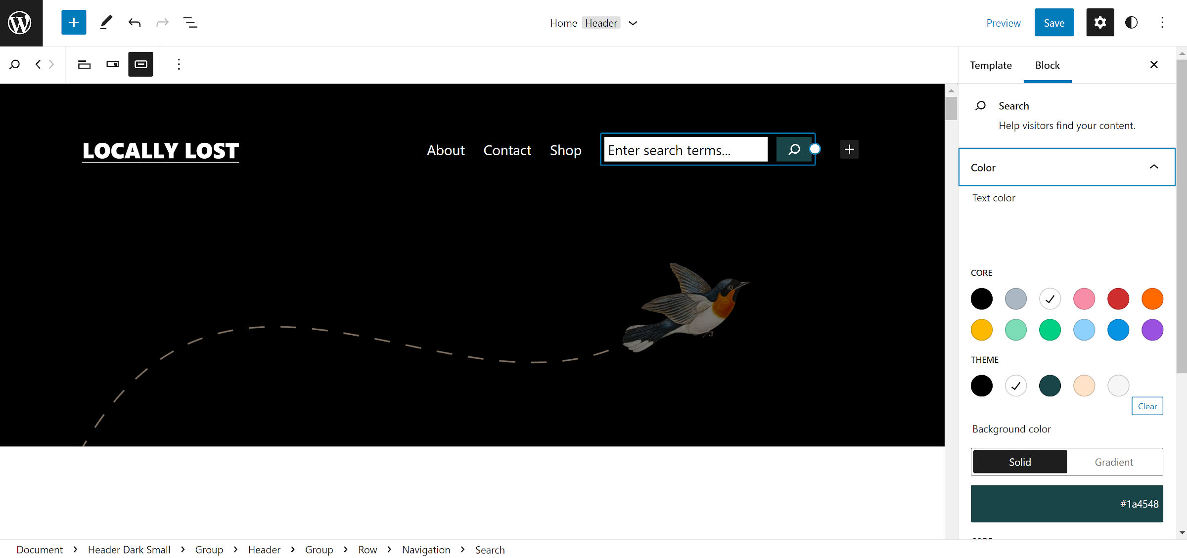 Using the WordPress site editor to add a search block to the navigation area in the header.
