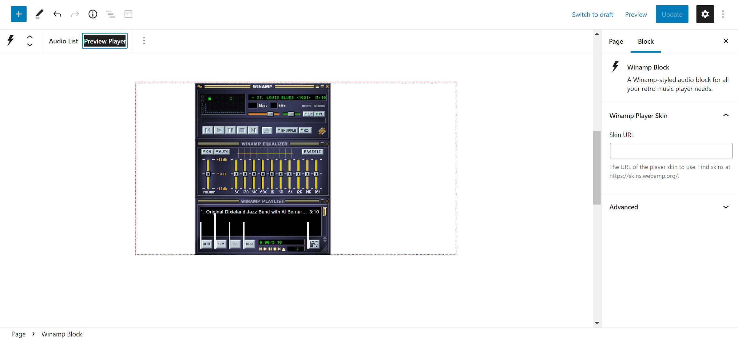Retro Winamp Block, an old-style media player, in the WordPress editor.
