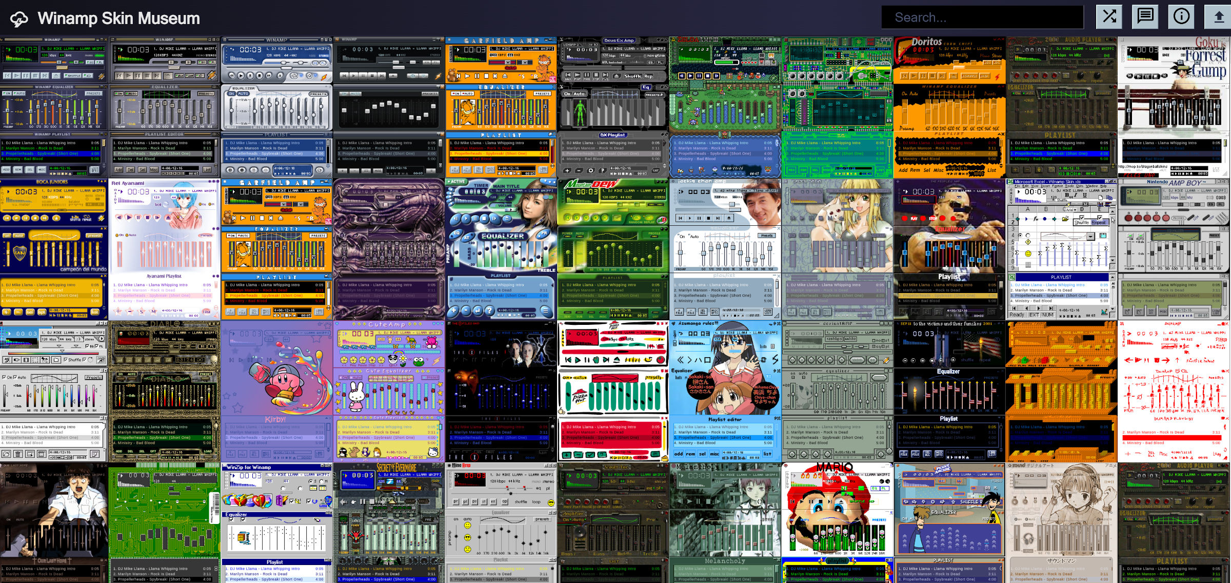 Screenshot of the Winamp Skin Museum, showing dozens of fan-skinned media players.
